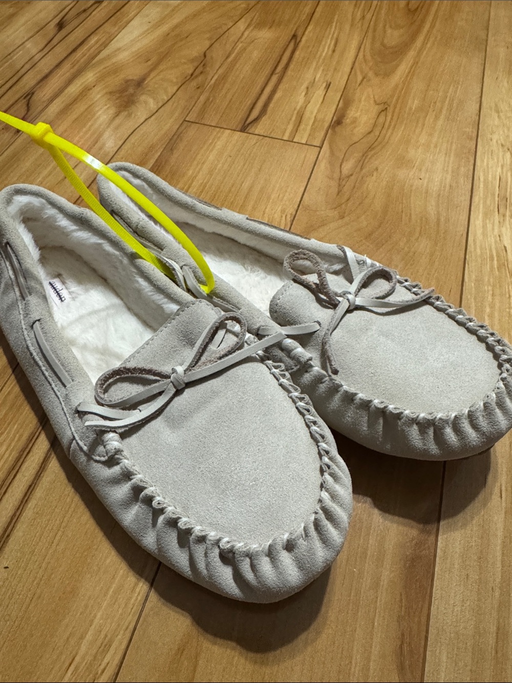 Auden Light Gray Faux-Fur Lined Moccasin Slippers with Bow